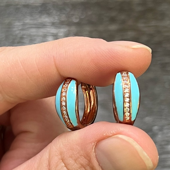 Copper and turquoise jeweled mini hoop earrings. - Picture 3 of 3